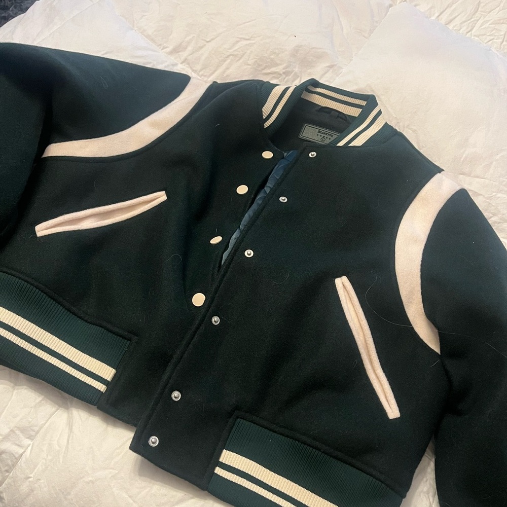 Stylish Green and Cream Varsity Jacket beautiful silk inside …so soft and comfy